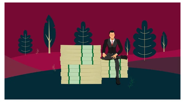 Ένας επιχειρηματίας που κάθεται σε ένα τεράστιο σωρό χρήματα με μια πόζα — Διανυσματικό Αρχείο