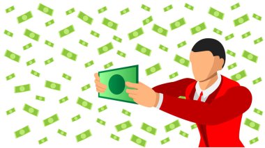 düz karakter işadamı kağıt dolar tutar. dolar backgroun