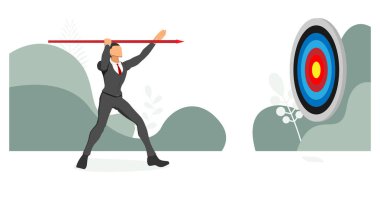 Çember hedefleri olan düzgün erkek karakter kıyafetleri. Öndeki hedefe odaklan. Farklı bir arkaplanı olan bir şablon. Takvim temalı finansal odak noktası vizör üzerinde. vektör illüstrasyon arka planı.