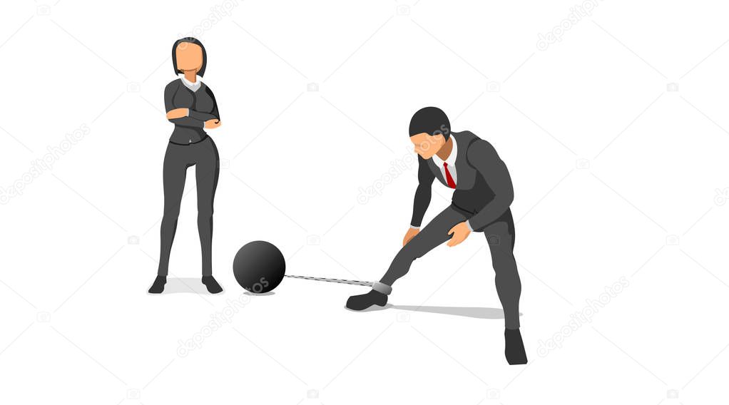 Illustration character of tax collection. the set of character templates for women to charge and men for their legs chained to iron balls. financial collectors due payments. difficulty removing handcuffs with iron chains.