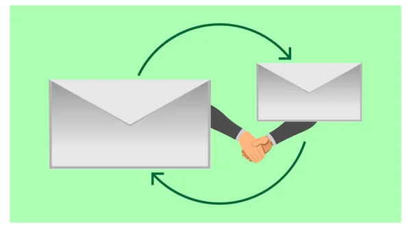 Símbolo de duas mãos apertando as mãos com feedback por e-mail. ilustração de um acordo entre as duas partes enviando um documento. colaboração de duas partes com marca de feedback envelope branco. Ilustração De Stock