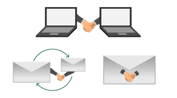 Eine Sammlung von Symbolen beim Händeschütteln eines Zwei-Parteien-Abkommens. Einverständnis zur Nutzung gemeinsamer E-Mails. Arbeitsverhältnis mit einem Laptop. Übertreibung beim Händeschütteln. soziale Hardwareverbindung. Vektorgrafiken