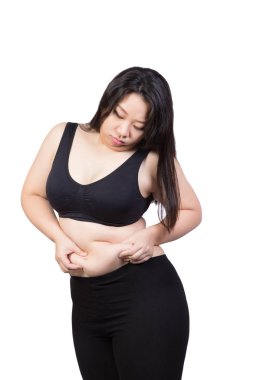 Beyaz arka plan üzerinde izole mide kadın yüz sıkılmış yağ