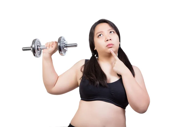 Mujer gorda levantamiento de manos mancuerna pérdida de peso duda cara pensando en cómo hacer ejercicio —  Fotos de Stock