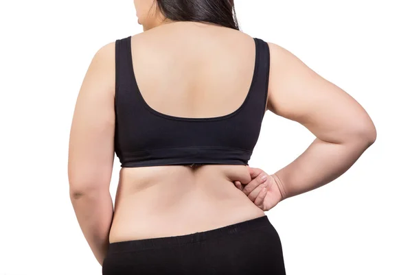 Толстая женщина с избыточным весом повернуть назад показать тучное тело целлюлита рука сожмите лишний жир изолированы на белом фоне — стоковое фото