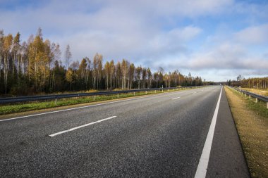 Bir görünümünü açık sonbahar günü asfalt ülke yolda Letonya