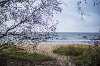 Baltık sahil üzerinde fırtınalı mavi gökyüzü