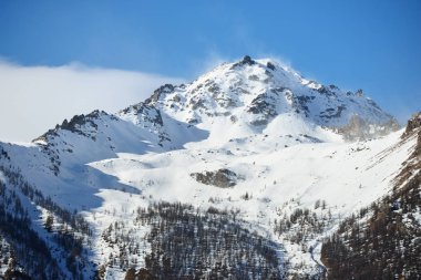 French Alps Dağları ve ağaçları açık mavi gökyüzü karşı. Parc Ecrins