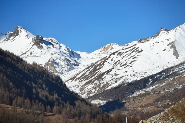 Franse Alpen Bergen Bomen Tegen Een Heldere Blauwe Hemel Parc — Stockfoto