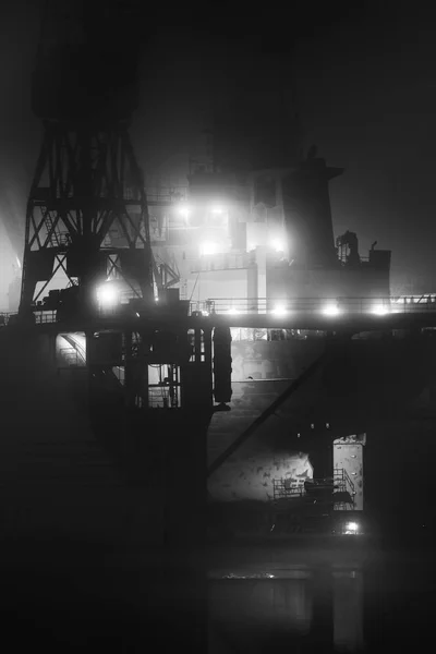Cargo ships in the port with lights at night