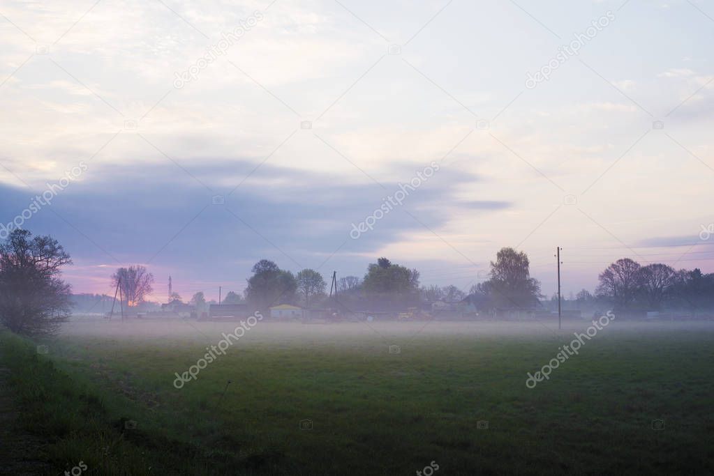 Colorful spring sunrise in Latvia. A view of the green country field under the morning fog