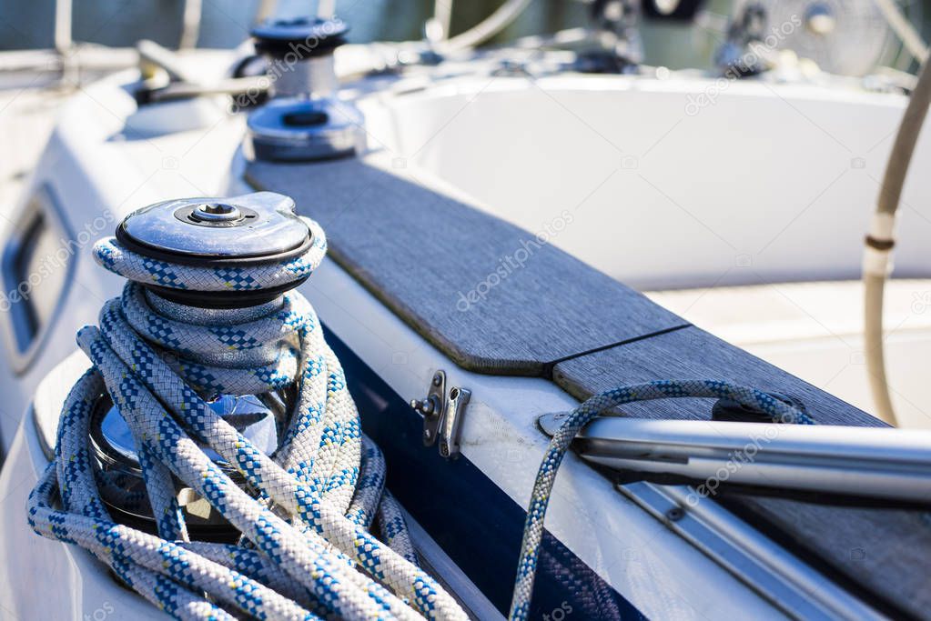 White and blue yacht ropes close-up, Latvia