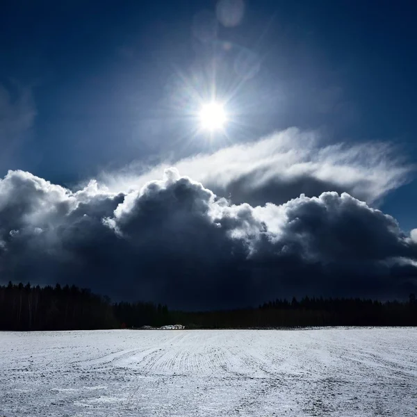 Vacker Utsikt Över Snöklädda Jordbruksområdet Mot Mulen Himmel — Stockfoto