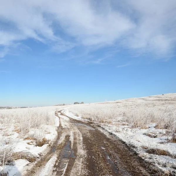 Estrada Através Campo Coberto Neve Russo Inverno — Fotografia de Stock