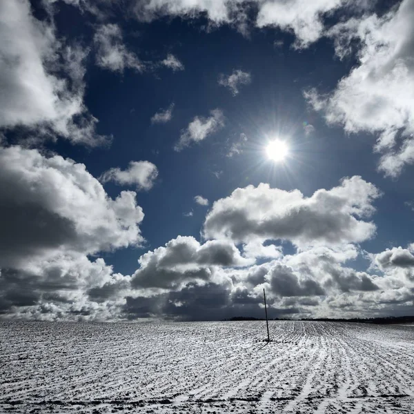 冰雪覆盖的农田对多云天空的景观 — 图库照片