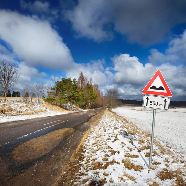 Alte Autostraße Ländlichen Raum Und Warnschild Winter — Stockfoto