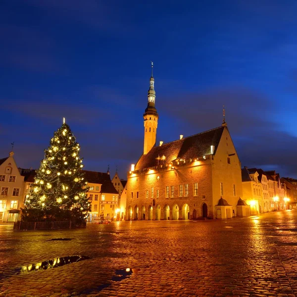 Piazza Centrale Della Città Tallin Municipio Notte Estonia — Foto Stock