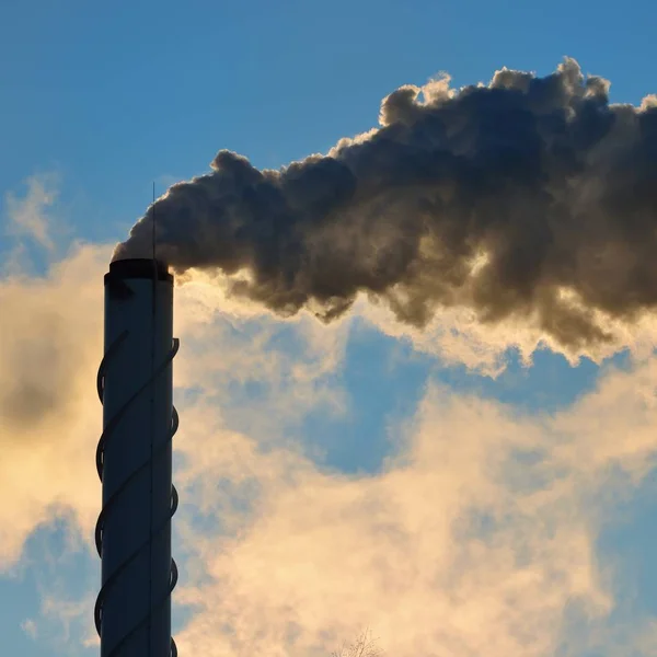 Distant View Factory Pipe Lot Smoke Blue Sky — Stock Photo, Image