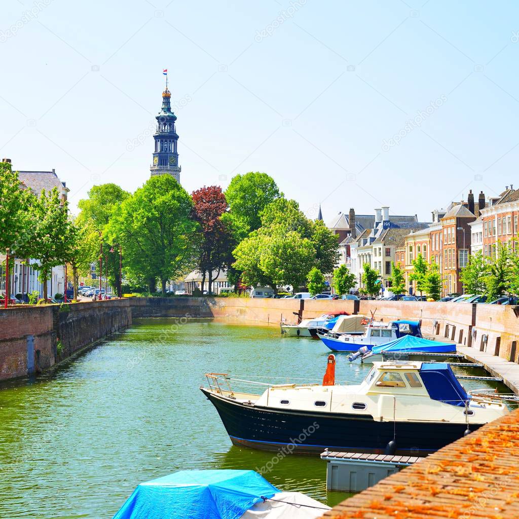 scenic view of houses and boats at canal of Middelburg, Netherlands