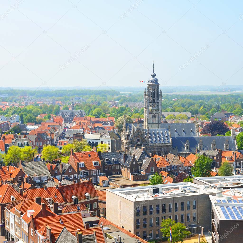 View on historical Dutch city of Middelburg with red rooftops, Netherlands