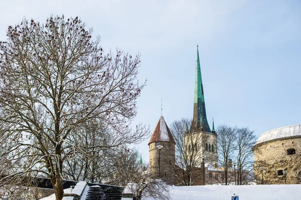 Inverno Cidade Velha Tallinn Estónia Num Dia Sol Claro Igreja — Fotografia de Stock