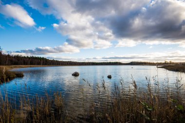 Sonbahar manzarası. Bulutlu mavi gökyüzüne karşı nehrin görünümü, Letonya