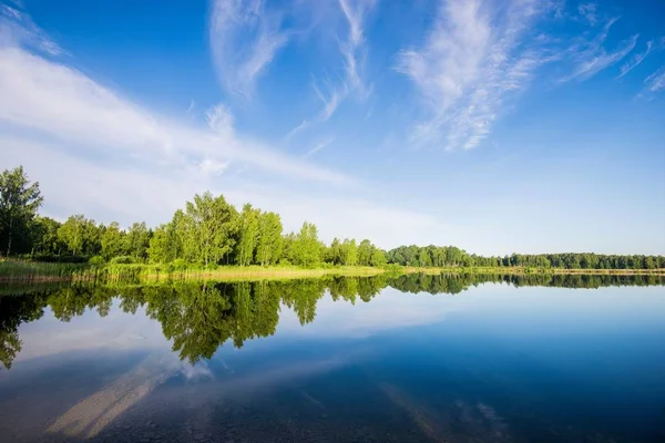 Háttérben Erdő Kék Tóra Néző Panoráma Lettország — Stock Fotó