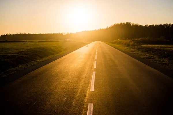 Uma Estrada Rural Asfalto Campos Pôr Sol Luz Dourada Pura — Fotografia de Stock