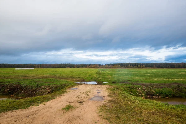 Coucher Soleil Coloré Nuages Sur Chemin Terre Campagne Les Champs — Photo