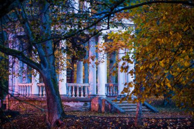 Parkta sonbahar akşamı. Beyaz bahçe evi, gölet ve renkli ağaçlar. Kemeri, Letonya