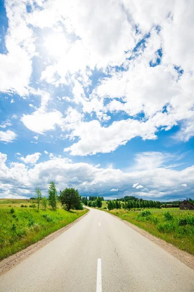 Een Asfalt Weg Door Groene Land Velden Met Een Bos — Stockfoto