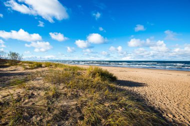 Baltık denizi, dalgalar ve bulutlar deniz kıyısı bir görünüm. Berrak güneşli bir gün. Letonya