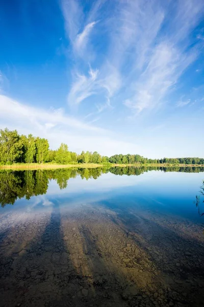 蓝色湖泊的全景 背景是森林 拉脱维亚 — 图库照片