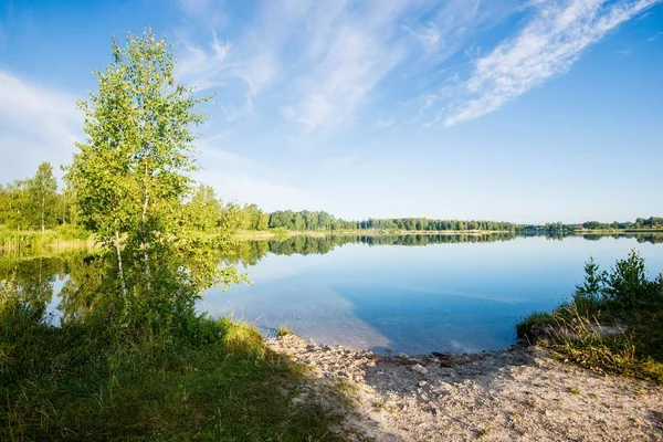 背景に森と青い湖のパノラマビュー ラトビア — ストック写真