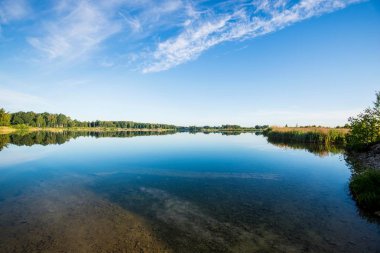 Arka planda bir orman ile mavi gölün panoramik görünümü, Letonya