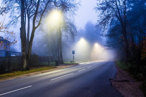 Foggy Morning Lights Autumn Forest Landscape View Asphalt Country Road — Stock Photo, Image