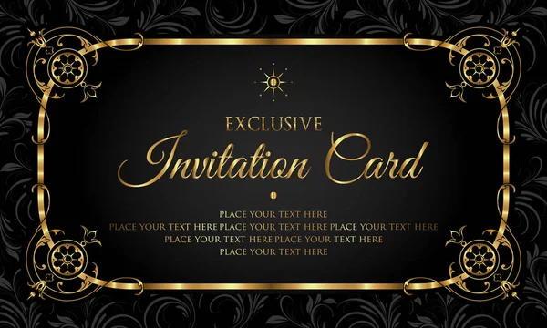 Design Della Carta Invito Stile Vintage Lusso Nero Oro — Vettoriale Stock