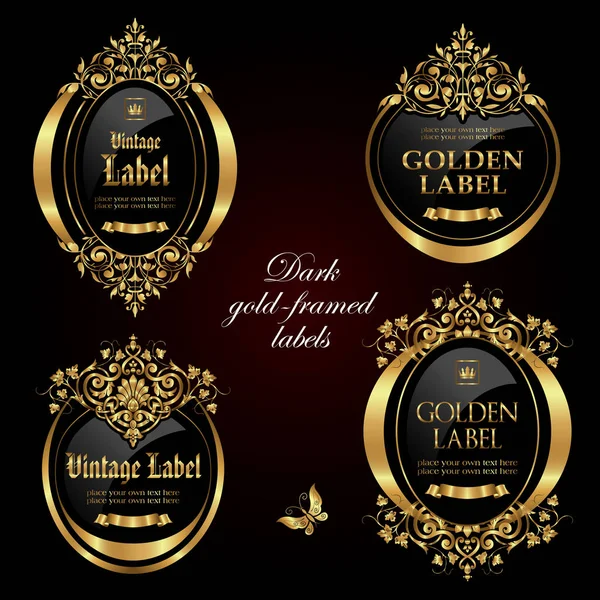 Etiquetas decoradas y enmarcadas en oro oscuro - diseño vectorial — Archivo Imágenes Vectoriales