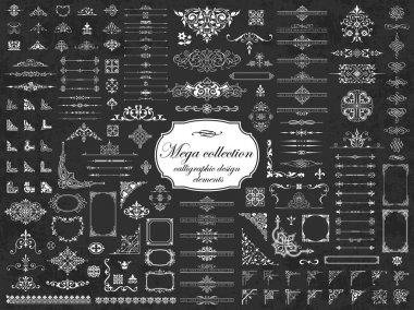 Tebeşir tahtası arka planda tasarım için mega vektör kaligrafik eleman seti