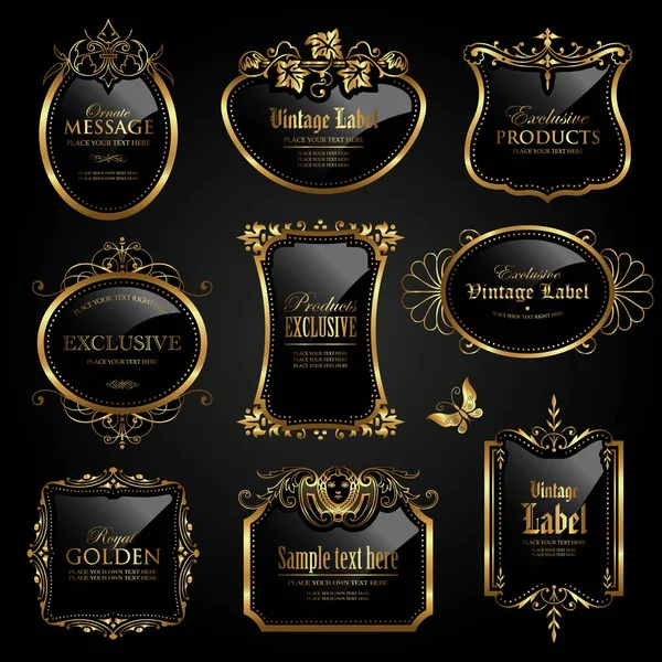 Vector set van verschillende donker goud-ingelijste labels in vintage stijl — Stockvector