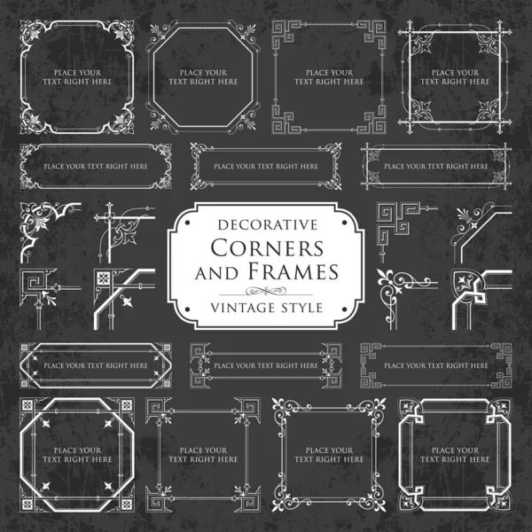 Conjunto vectorial de esquinas y marcos caligráficos decorativos en estilo vintage sobre fondo de pizarra — Vector de stock