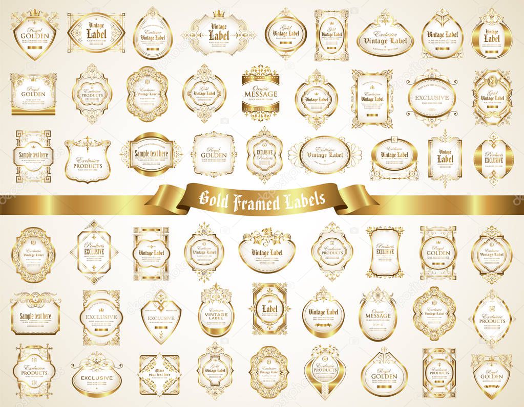 Large collection of ornamental white gold-framed labels in vintage and retro style