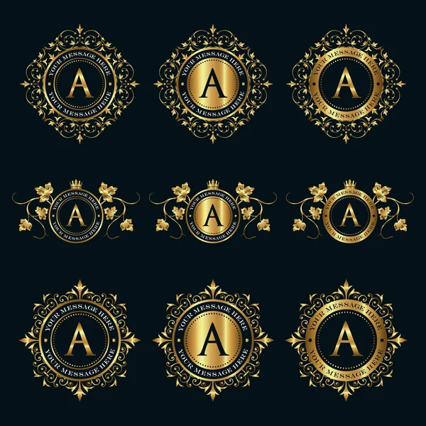 Conjunto Vectorial Monogramas Logotipos Caligráficos Lujo Con Elementos Decorativos Dorados — Vector de stock