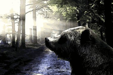 Orman yolunun yanındaki ağaçların arasından ışık akışı yla ormanda ayı dijital boyama.