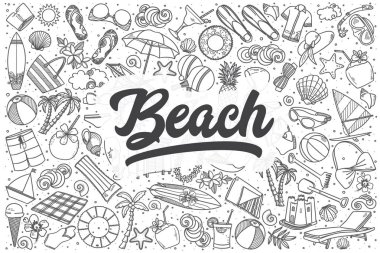 Çizilmiş plaj vektör doodle seti el.