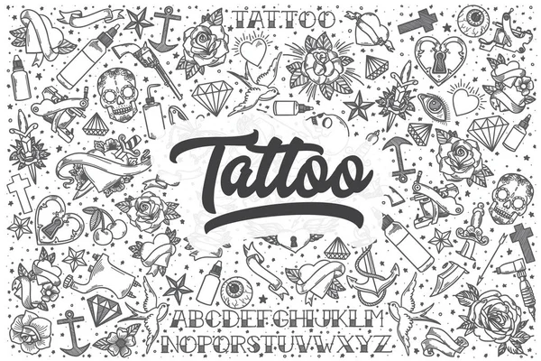 Conjunto de doodle vetorial de tatuagem desenhado à mão . — Vetor de Stock