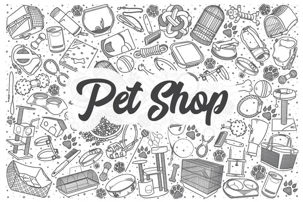 Conjunto de doodle vetorial de loja de animais desenhado à mão . — Vetor de Stock