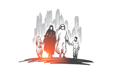 Arap, Aile, Müslüman, kültür kavramı. Elle çizilmiş izole vektör.