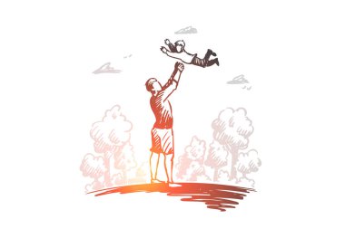 Çocuk, Baba, veli, eğlenceli bir konsept. Elle çizilmiş izole vektör.