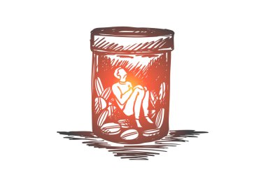 Ağrı kesici, bağımlılık, uyuşturucu, hastalık kavramı. Elle çizilmiş izole vektör.